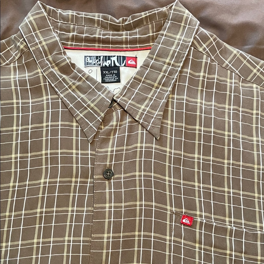 Quiksilver Men's Tan and White Plaid Shirt